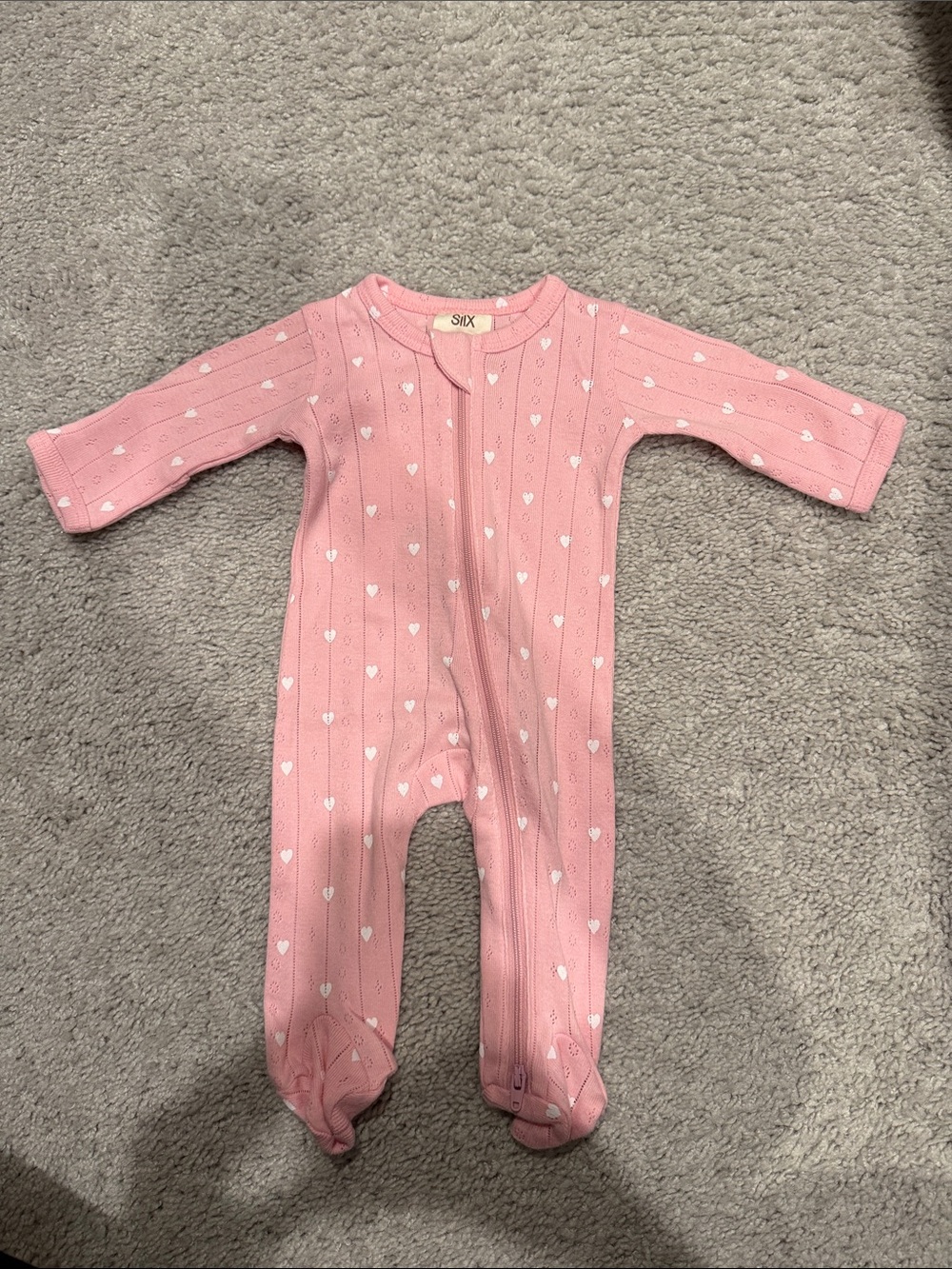 NWT- SIIX Pink Heart-Print Knit Footed One-Piece- NB